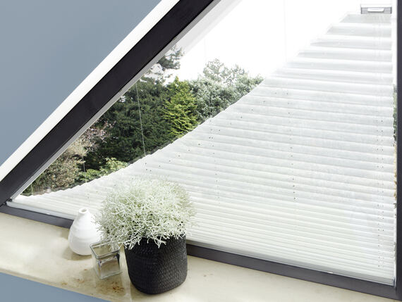 Dreieckiges Fenster mit weissem, fein gefaltetem Sonnenschutz und Blick ins Grüne