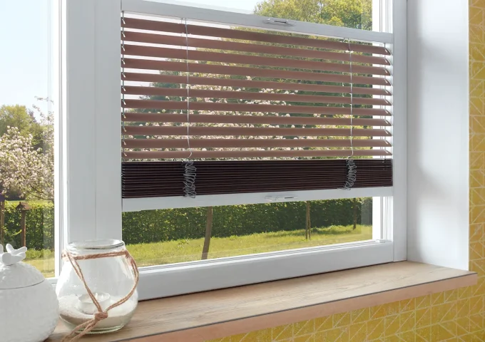 Ein Fenster mit teilweiser Sicht nach draussen und einer dekorativen Abdeckung im unteren Bereich.
